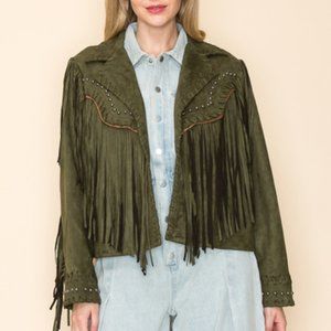 VOCAL WESTERN BOHO SHABBY CHIC STUDDED suede fringe jacket cropped olive SM-XL